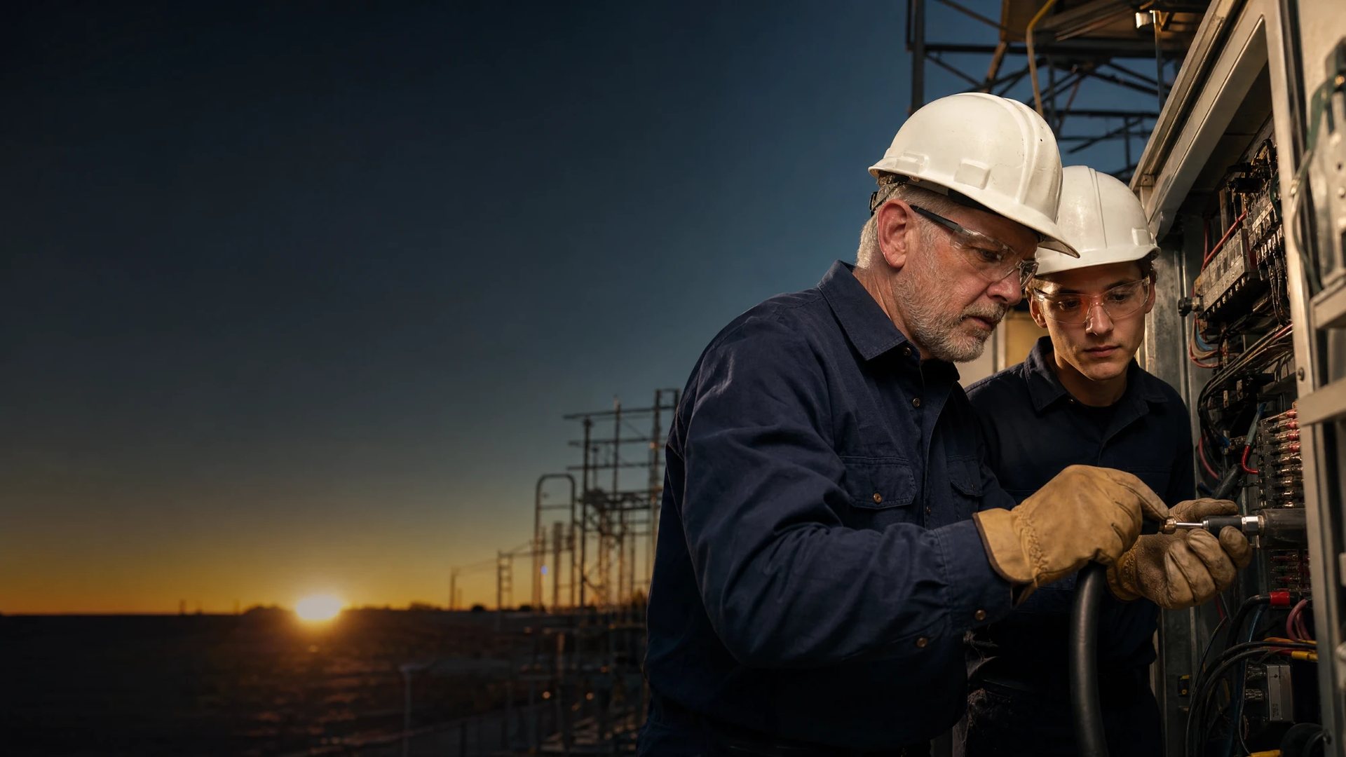 Experienced electrician showing an apprentice how to terminate wiring in a substation control cabinet