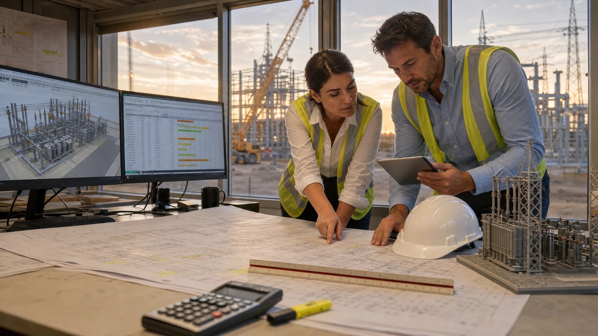 Two team members reviewing substation plans in a site office with a 3D model and schedule on screen