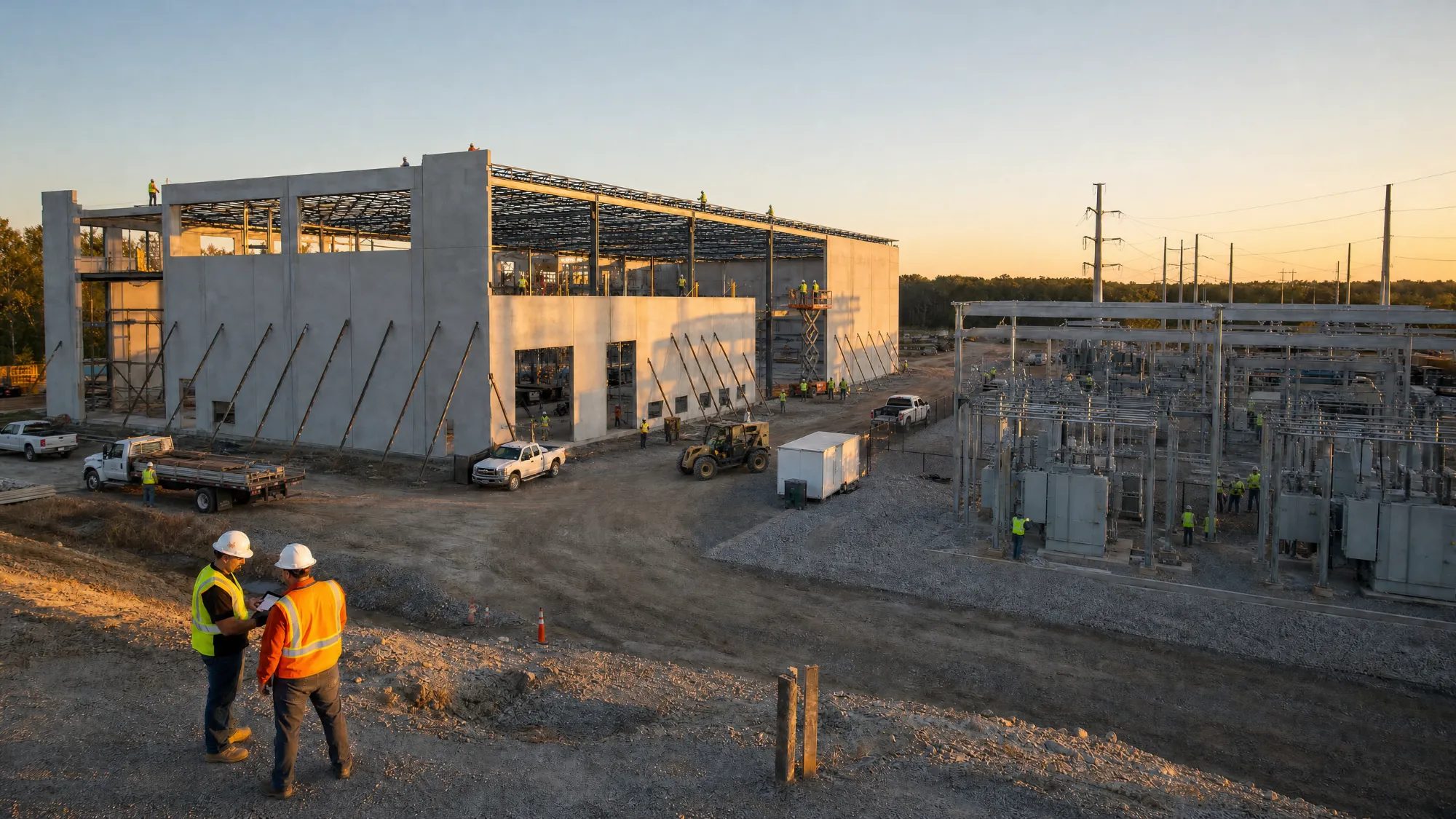 Tilt-up building under construction beside a substation, with two team members reviewing plans
