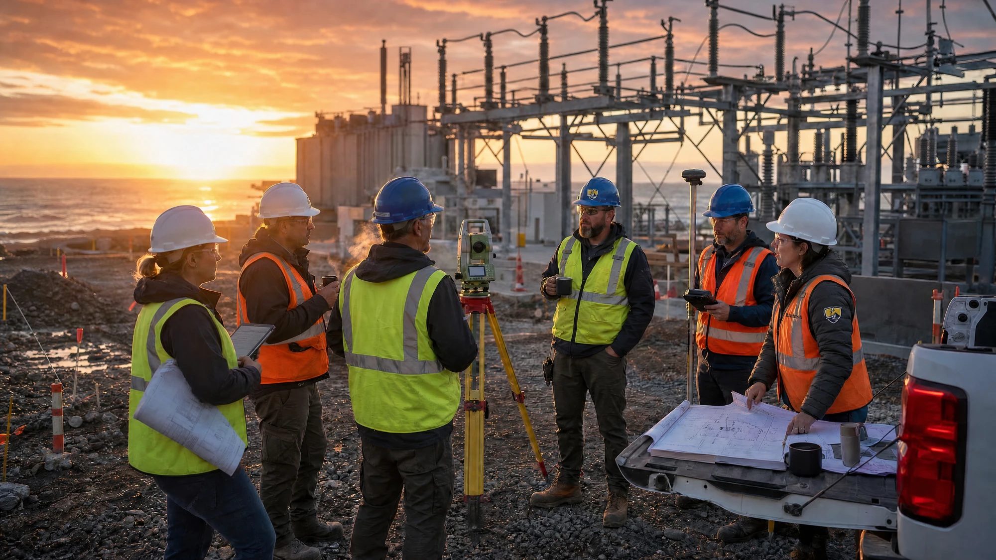 Project team in hard hats and vests planning at a substation site at sunrise