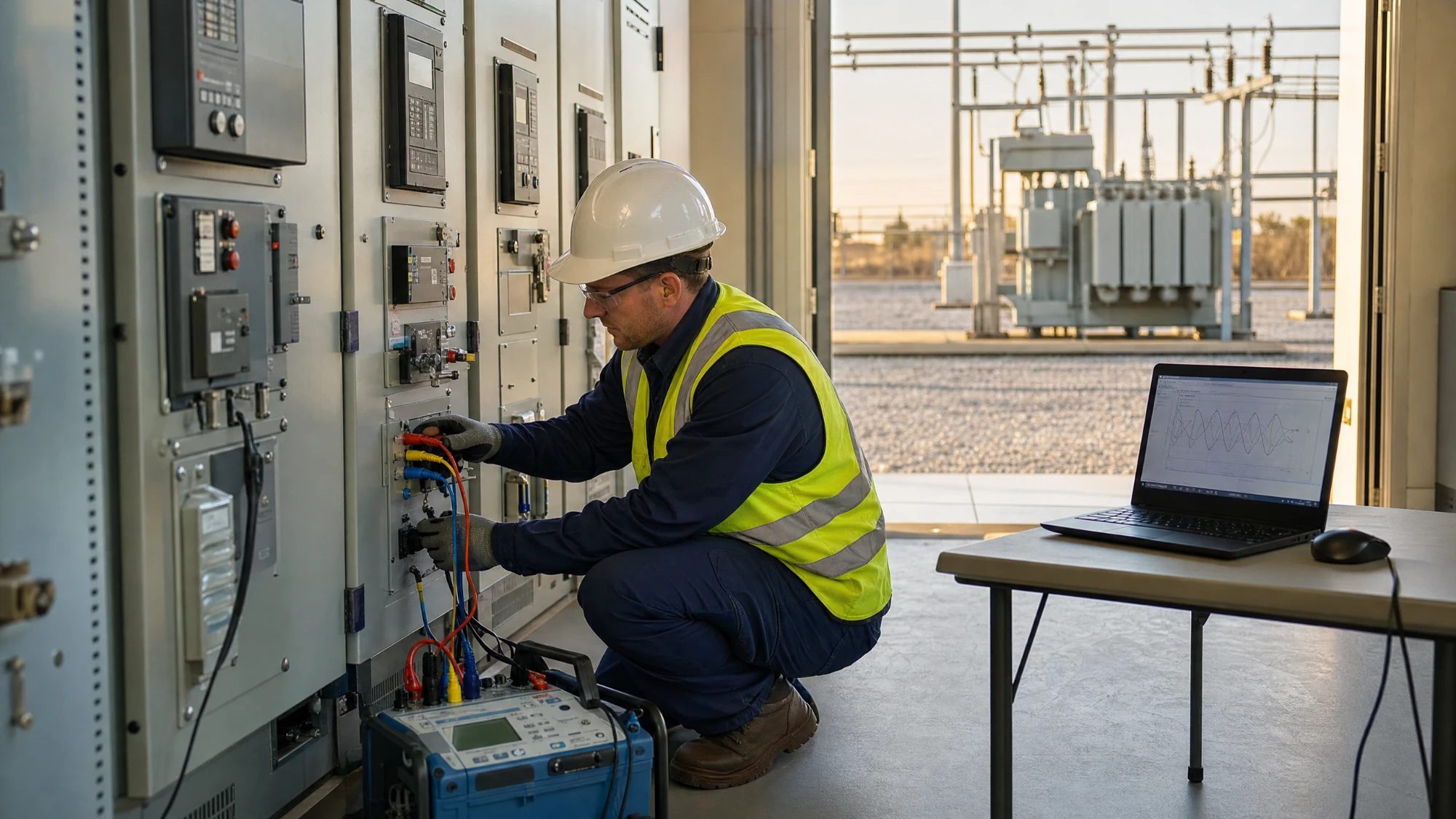 Technician relay testing a substation control panel with a test set and laptop