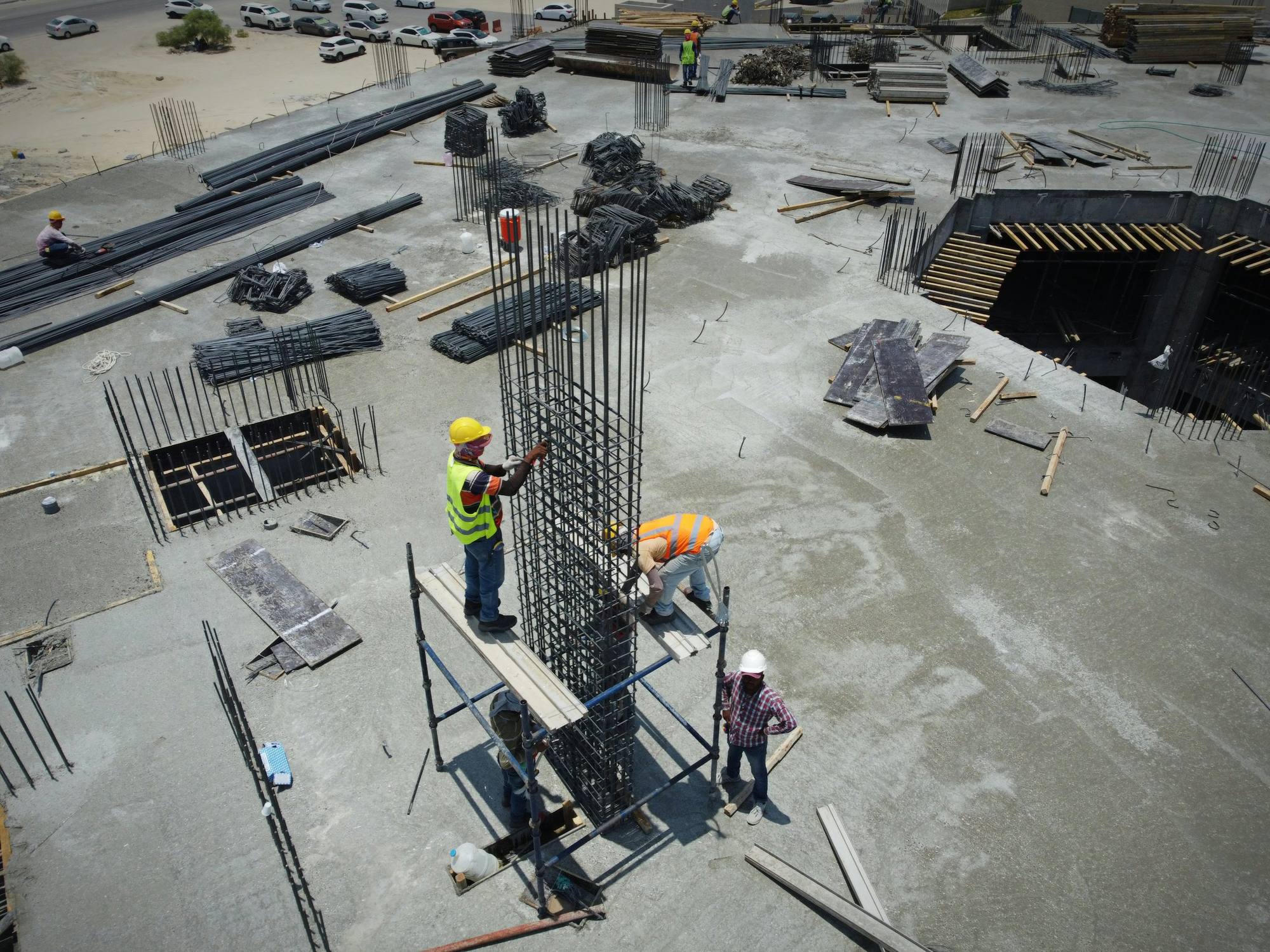 Construction crew working on a rebar deck