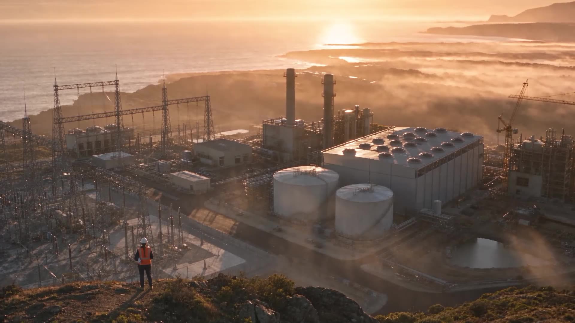 Substation and power plant on a coastal campus at sunrise, becoming a data center campus